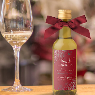 Lacy Silver op rood huwelijk Dank je Mini Wijn Etiket