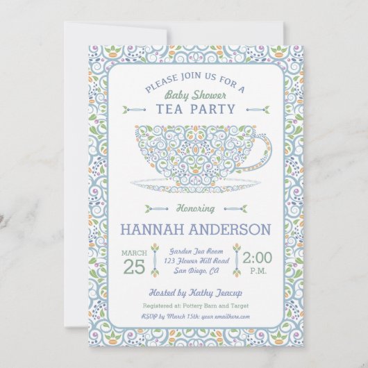 Lacy Teacup Baby shower Blue Tea Party Invitation (Devant)