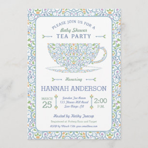 Lacy Teacup Baby shower Blue Tea Party Invitation