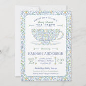 Lacy Teacup Baby shower Blue Tea Party Uitnodiging (Voorkant)