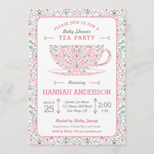Lacy Teacup Baby shower Pink Tea Party Uitnodiging