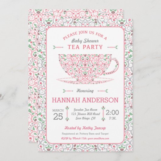 Lacy Teacup Baby shower Roze Tea Party Uitnodiging (Voorkant / Achterkant)