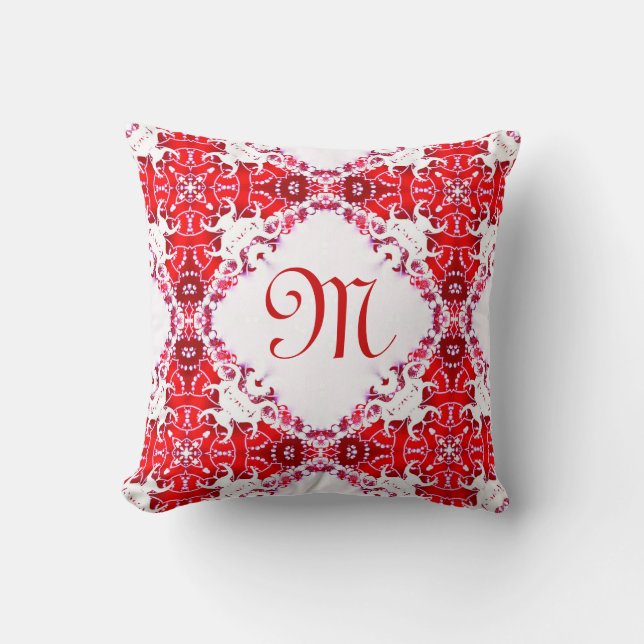 Lacy Tribal Batik Monogram Red White Cushion Kussen (Voorkant)