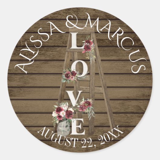 Ladder en Bourgogne Rozen Rustic Wedding Ronde Sticker (Voorkant)