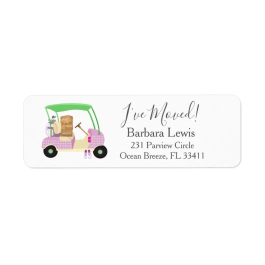 Ladies Pink Golf Cart Moving Boxes Golf Course Etiket (Voorkant)