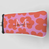 Ladies Retro Bold Pink Orange Floral Monogram  Golfheadcover (Voorkant)