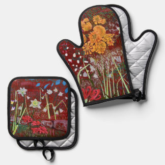 Ladrie's tuin in het rood  ovenwant & pannenlap set