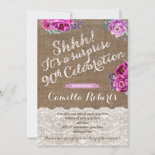 Lady 90th Surprise Anniversaire Carte d'invitation (Devant)