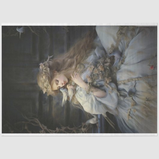 Lady Bird in blauwe jurk decoupage Tissuepapier (Voorkant)