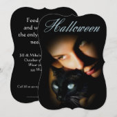 Lady & Blue Eyed Cat Adult Halloween Party Invite Kaart (Voorkant / Achterkant)