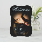 Lady & Blue Eyed Cat Adult Halloween Party Invite Kaart (Staand voorkant)