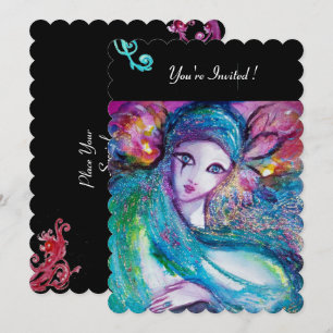 LADY BLUE MASK Masquerade Party, Red Swirls Black Kaart