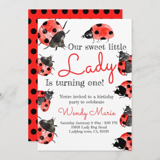Lady bug verjaardagsmeisje feestuitnodiging kaart (Voorkant / Achterkant)