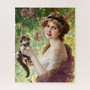 Lady Cute Kitten en Roos Flower Legpuzzel