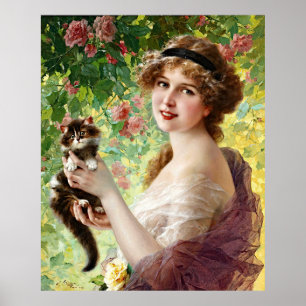  Lady Cute Kitten en Roos Flower Poster