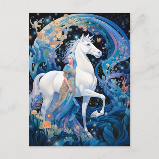 Lady en White Horse Fantasy Kunst Briefkaart (Voorkant)