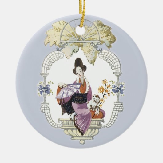 Lady Fan en Dog Keramisch Ornament (Voorkant)