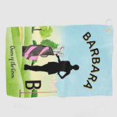 Lady Golfer Golf Course Custom Name 3-D Monogram Golfhanddoek (Horizontaal)