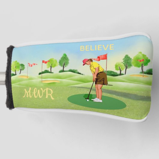 Lady Golfer Greens Monogram met groene knop Golfheadcover (Voorkant)