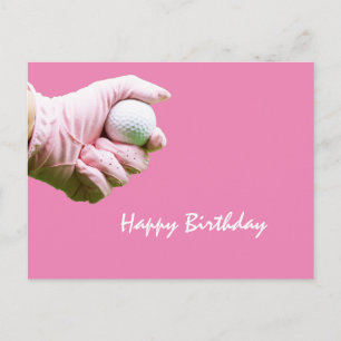 Lady golfer houdt golfbal met roze handschoen op r briefkaart