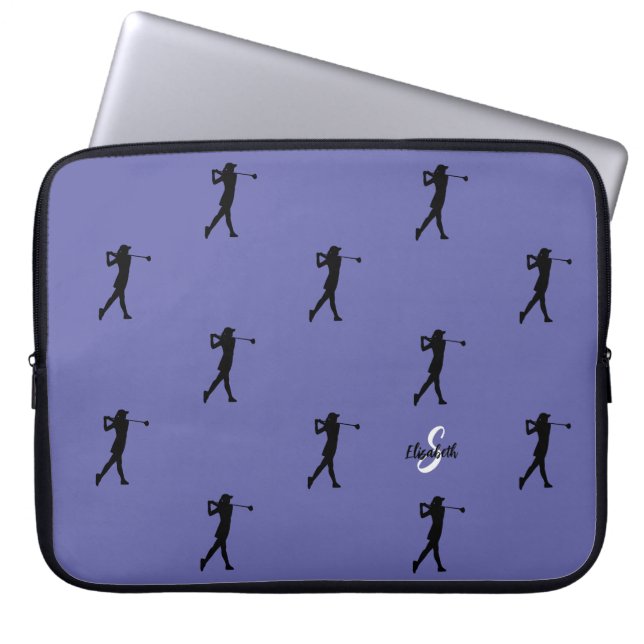 Lady Golfer Pattern Monogram Naam Periwinkle Blue Laptop Sleeve (Voorkant)