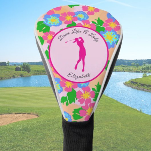 Lady Golfer Roze Bloemen Preppy Aangepaste naam Da Golfheadcover