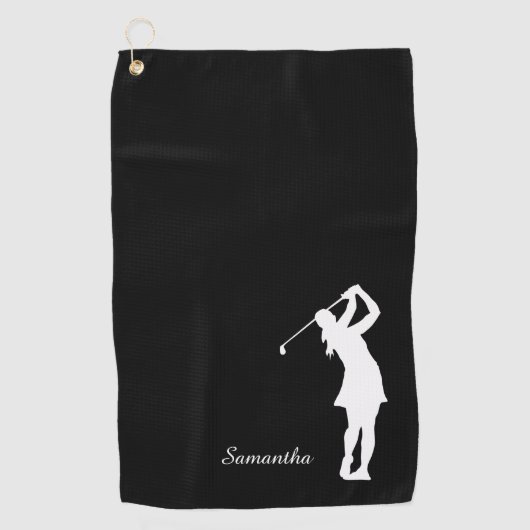 Lady Golfer Silhouette Black White Monogram Golfhanddoek (Voorkant)