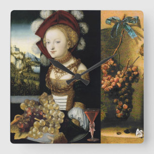 LADY, GRAPES, ANTIEK DRUIVENWIJN VIERKANTE KLOK