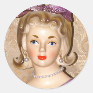 Lady Head Vase Big Paars Bow Glam Flipped Hair Ronde Sticker