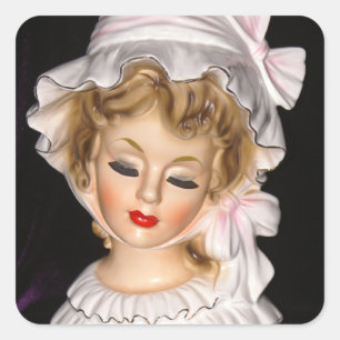  Lady Head Vase Roze Ruffled Bonnet Vierkante Sticker