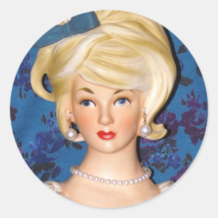  Lady Head Vase Teen Big Hair Blue Bow Ronde Sticker
