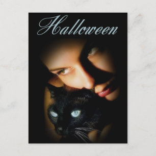 Lady & her Blue Eyed Cat Halloween Cartes postales