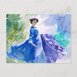 Lady in Blue Dress - Waterverf Schilderij Briefkaart