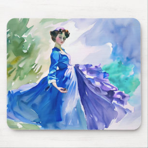 Lady in Blue Dress - Waterverf Schilderij Muismat