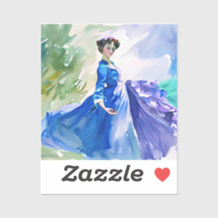 Lady in Blue Dress - Waterverf Schilderij Sticker