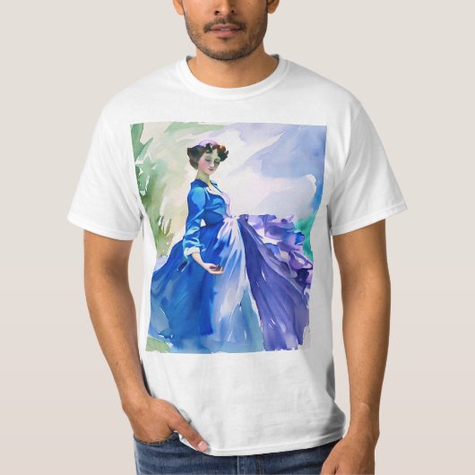 Lady in Blue Dress - Waterverf Schilderij T-shirt (Voorkant)