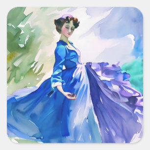 Lady in Blue Dress - Waterverf Schilderij Vierkante Sticker