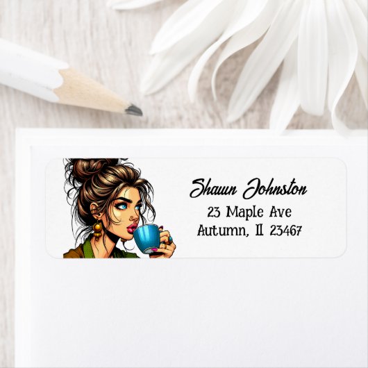 Lady in Messy Bun Drink koffie Etiket (Insitu)