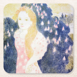 Lady in Pink-dress, Maurice Denis Vierkante Kartonnen Onderzetter