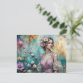 Lady in Pink, textured floral landscape teal gold Briefkaart (Staand voorkant)