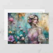 Lady in Pink, textured floral landscape teal gold Briefkaart (Voorkant / Achterkant)