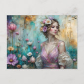 Lady in Pink, textured floral landscape teal gold Briefkaart (Voorkant)
