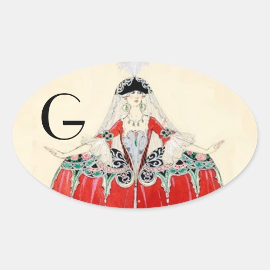 LADY IN RED, BEAUTY, MODE COSTUME DESIGN MONOGRAM OVALE STICKER (Voorkant)