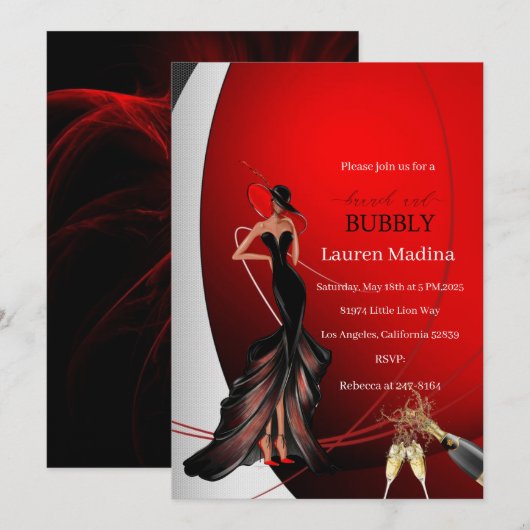 Lady in Red brunch en bubbly Invitation Kaart (Voorkant / Achterkant)