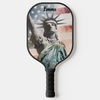 Lady Liberty en de Amerikaanse vlag Custom Name Pickleball Paddle