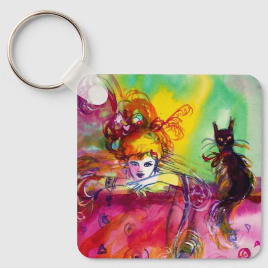 LADY MET BLACK CAT Mardi Gras Masquerade Sleutelhanger (Voorkant)