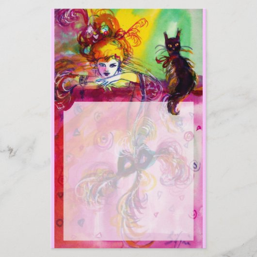 LADY MET BLACK CAT / Venetiaanse Masquerade Briefpapier (Voorkant)