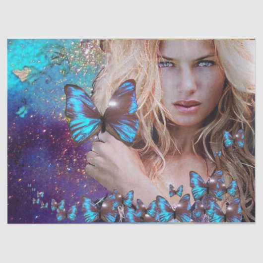 LADY MET BLUE BUTERRFLY Beauty in Natuur Tissuepapier (Voorkant)