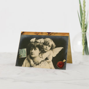 LADY MET CUPID, RED HEART WAX SEAL Moederdag Kaart