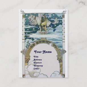 LADY MET UNICORN, blauw wit parelpapier Visitekaartje